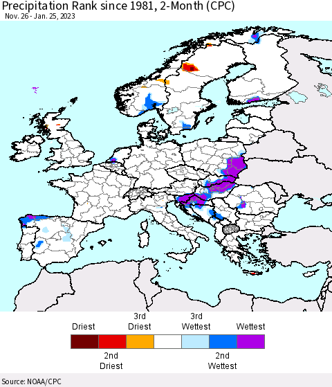Europe Precipitation Rank since 1981, 2-Month (CPC) Thematic Map For 11/26/2022 - 1/25/2023