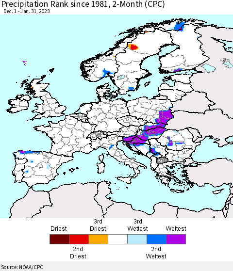 Europe Precipitation Rank since 1981, 2-Month (CPC) Thematic Map For 12/1/2022 - 1/31/2023