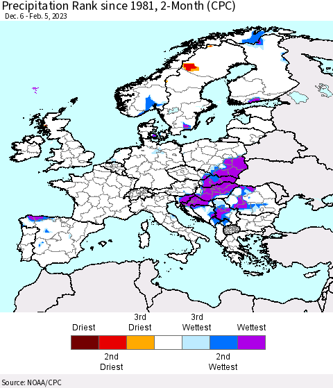 Europe Precipitation Rank since 1981, 2-Month (CPC) Thematic Map For 12/6/2022 - 2/5/2023
