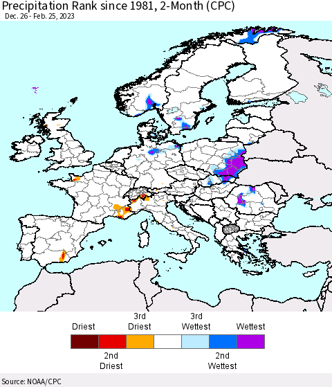 Europe Precipitation Rank since 1981, 2-Month (CPC) Thematic Map For 12/26/2022 - 2/25/2023