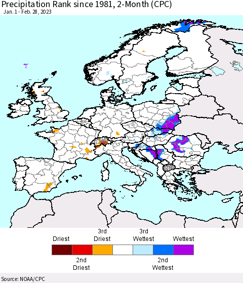 Europe Precipitation Rank since 1981, 2-Month (CPC) Thematic Map For 1/1/2023 - 2/28/2023