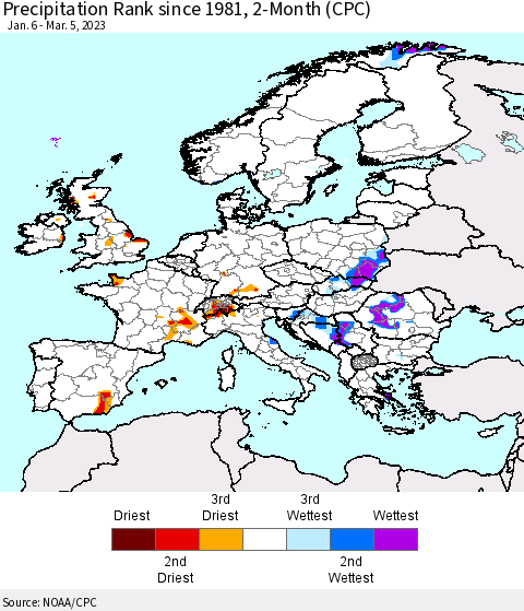 Europe Precipitation Rank since 1981, 2-Month (CPC) Thematic Map For 1/6/2023 - 3/5/2023