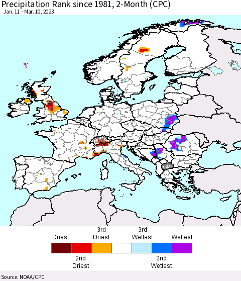 Europe Precipitation Rank since 1981, 2-Month (CPC) Thematic Map For 1/11/2023 - 3/10/2023