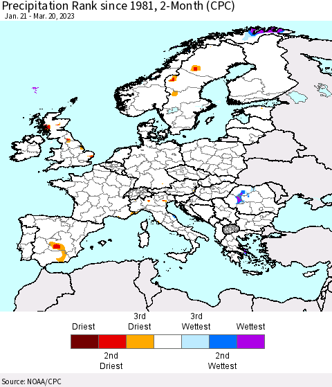 Europe Precipitation Rank since 1981, 2-Month (CPC) Thematic Map For 1/21/2023 - 3/20/2023