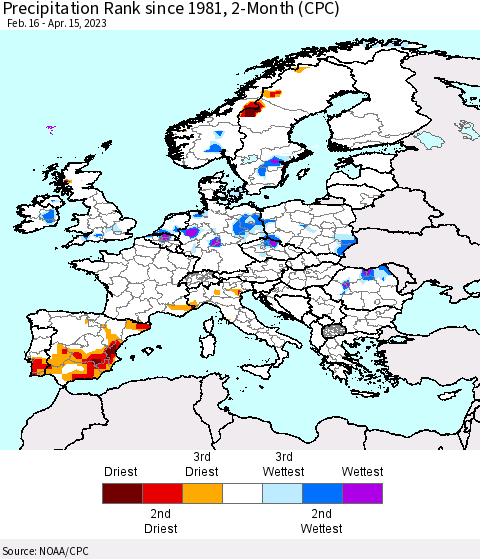 Europe Precipitation Rank since 1981, 2-Month (CPC) Thematic Map For 2/16/2023 - 4/15/2023