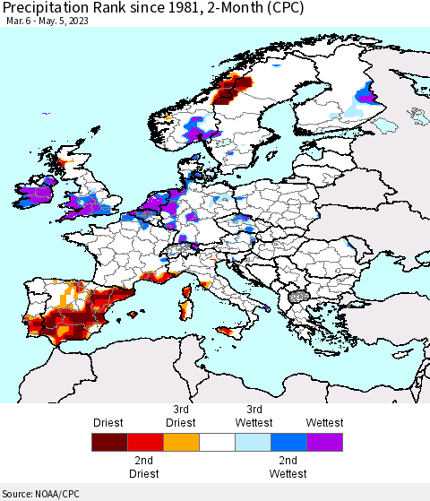 Europe Precipitation Rank since 1981, 2-Month (CPC) Thematic Map For 3/6/2023 - 5/5/2023