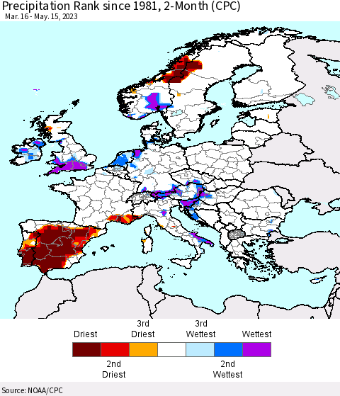 Europe Precipitation Rank since 1981, 2-Month (CPC) Thematic Map For 3/16/2023 - 5/15/2023