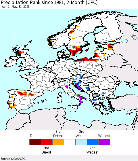 Europe Precipitation Rank since 1981, 2-Month (CPC) Thematic Map For 4/1/2023 - 5/31/2023