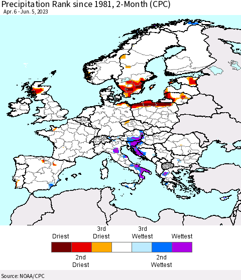 Europe Precipitation Rank since 1981, 2-Month (CPC) Thematic Map For 4/6/2023 - 6/5/2023