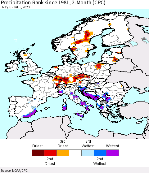 Europe Precipitation Rank since 1981, 2-Month (CPC) Thematic Map For 5/6/2023 - 7/5/2023