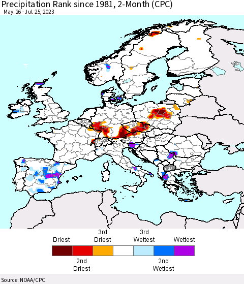 Europe Precipitation Rank since 1981, 2-Month (CPC) Thematic Map For 5/26/2023 - 7/25/2023
