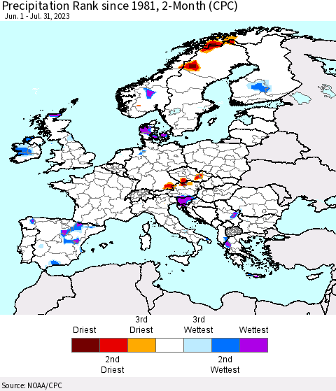 Europe Precipitation Rank since 1981, 2-Month (CPC) Thematic Map For 6/1/2023 - 7/31/2023