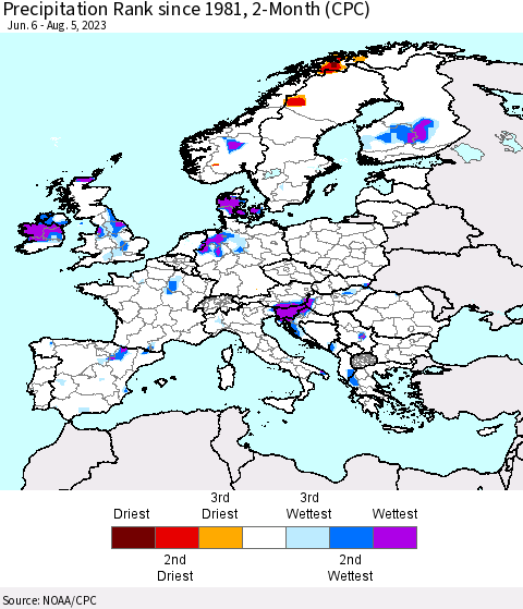 Europe Precipitation Rank since 1981, 2-Month (CPC) Thematic Map For 6/6/2023 - 8/5/2023