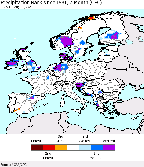 Europe Precipitation Rank since 1981, 2-Month (CPC) Thematic Map For 6/11/2023 - 8/10/2023