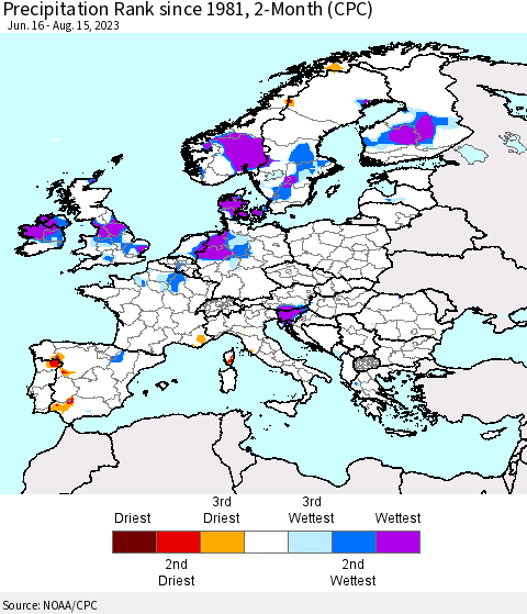 Europe Precipitation Rank since 1981, 2-Month (CPC) Thematic Map For 6/16/2023 - 8/15/2023
