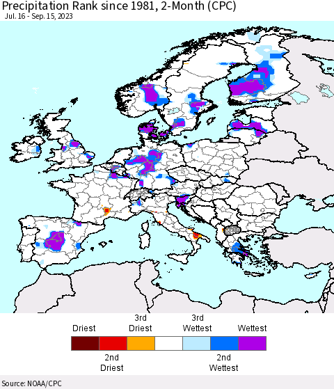 Europe Precipitation Rank since 1981, 2-Month (CPC) Thematic Map For 7/16/2023 - 9/15/2023