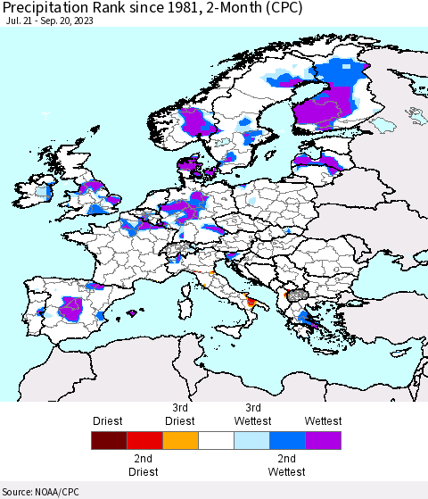 Europe Precipitation Rank since 1981, 2-Month (CPC) Thematic Map For 7/21/2023 - 9/20/2023
