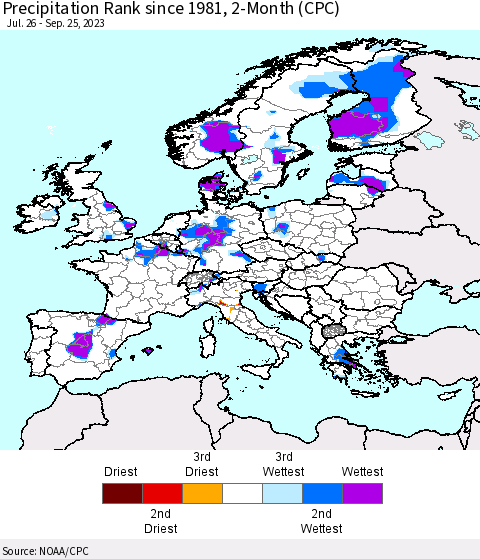 Europe Precipitation Rank since 1981, 2-Month (CPC) Thematic Map For 7/26/2023 - 9/25/2023