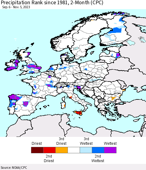 Europe Precipitation Rank since 1981, 2-Month (CPC) Thematic Map For 9/6/2023 - 11/5/2023
