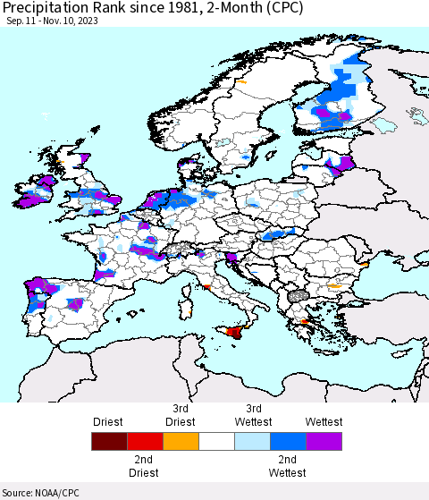 Europe Precipitation Rank since 1981, 2-Month (CPC) Thematic Map For 9/11/2023 - 11/10/2023