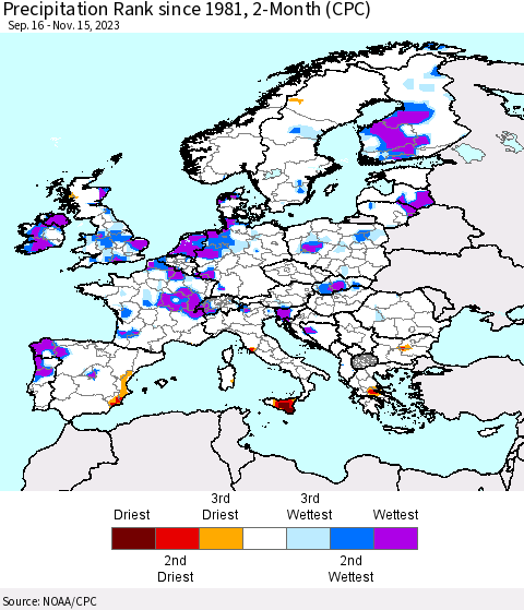 Europe Precipitation Rank since 1981, 2-Month (CPC) Thematic Map For 9/16/2023 - 11/15/2023