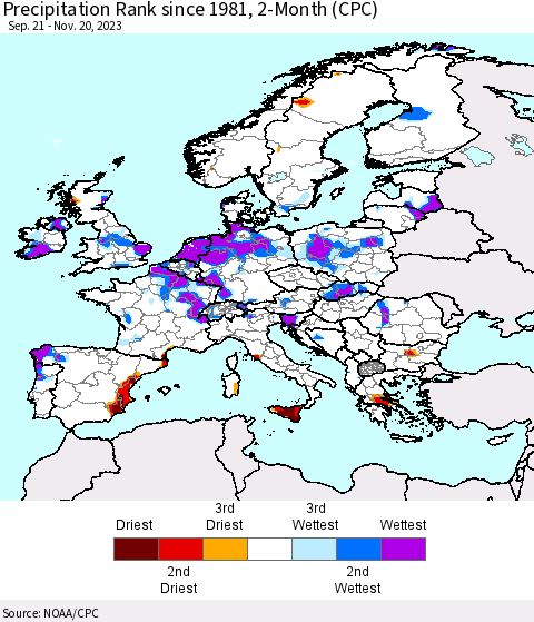 Europe Precipitation Rank since 1981, 2-Month (CPC) Thematic Map For 9/21/2023 - 11/20/2023