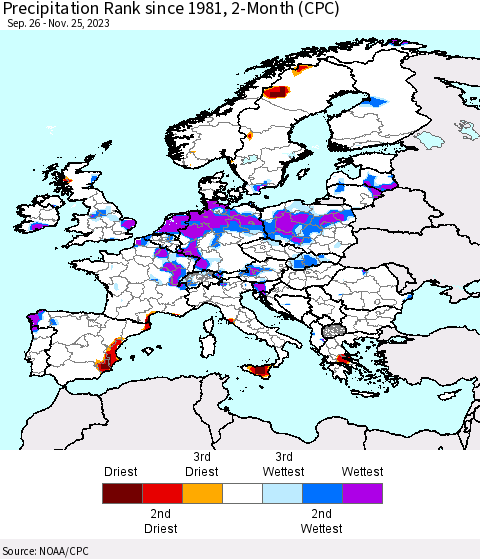 Europe Precipitation Rank since 1981, 2-Month (CPC) Thematic Map For 9/26/2023 - 11/25/2023