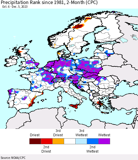 Europe Precipitation Rank since 1981, 2-Month (CPC) Thematic Map For 10/6/2023 - 12/5/2023
