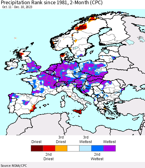 Europe Precipitation Rank since 1981, 2-Month (CPC) Thematic Map For 10/11/2023 - 12/10/2023