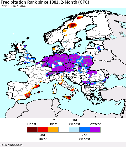 Europe Precipitation Rank since 1981, 2-Month (CPC) Thematic Map For 11/6/2023 - 1/5/2024