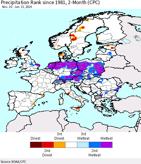 Europe Precipitation Rank since 1981, 2-Month (CPC) Thematic Map For 11/16/2023 - 1/15/2024
