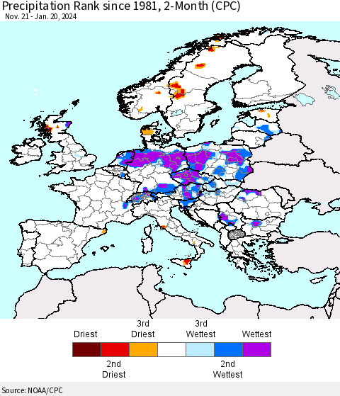 Europe Precipitation Rank since 1981, 2-Month (CPC) Thematic Map For 11/21/2023 - 1/20/2024