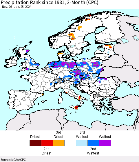 Europe Precipitation Rank since 1981, 2-Month (CPC) Thematic Map For 11/26/2023 - 1/25/2024