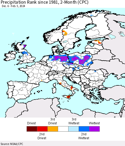 Europe Precipitation Rank since 1981, 2-Month (CPC) Thematic Map For 12/6/2023 - 2/5/2024