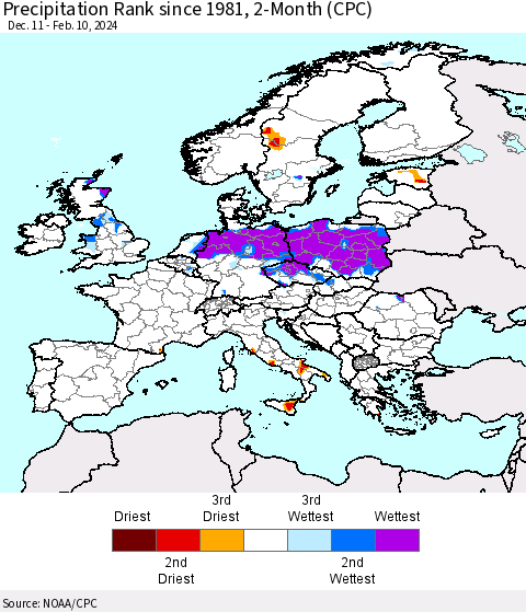 Europe Precipitation Rank since 1981, 2-Month (CPC) Thematic Map For 12/11/2023 - 2/10/2024
