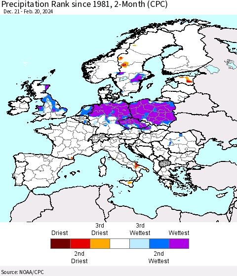 Europe Precipitation Rank since 1981, 2-Month (CPC) Thematic Map For 12/21/2023 - 2/20/2024