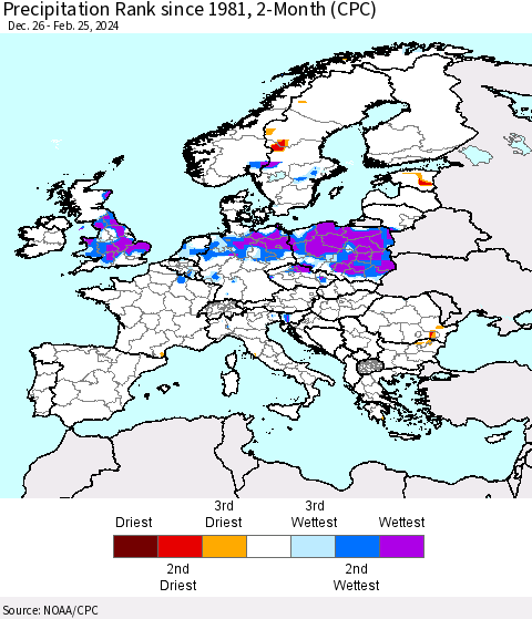 Europe Precipitation Rank since 1981, 2-Month (CPC) Thematic Map For 12/26/2023 - 2/25/2024