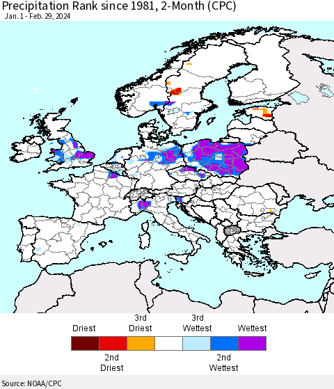 Europe Precipitation Rank since 1981, 2-Month (CPC) Thematic Map For 1/1/2024 - 2/29/2024