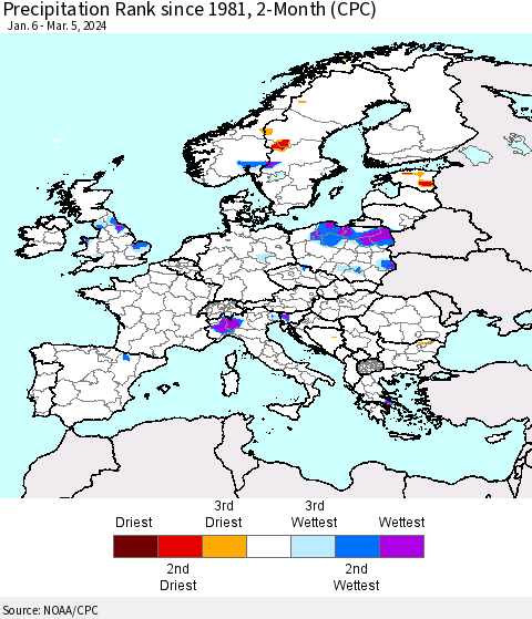 Europe Precipitation Rank since 1981, 2-Month (CPC) Thematic Map For 1/6/2024 - 3/5/2024