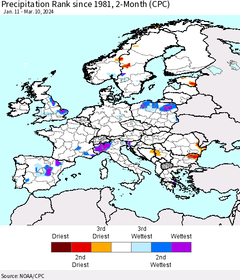 Europe Precipitation Rank since 1981, 2-Month (CPC) Thematic Map For 1/11/2024 - 3/10/2024