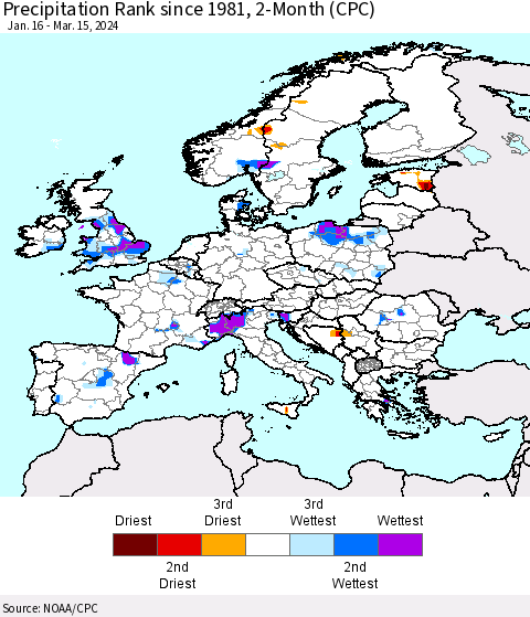 Europe Precipitation Rank since 1981, 2-Month (CPC) Thematic Map For 1/16/2024 - 3/15/2024