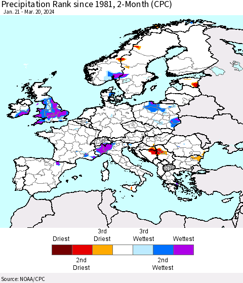 Europe Precipitation Rank since 1981, 2-Month (CPC) Thematic Map For 1/21/2024 - 3/20/2024