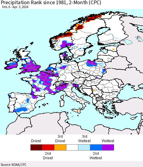 Europe Precipitation Rank since 1981, 2-Month (CPC) Thematic Map For 2/6/2024 - 4/5/2024
