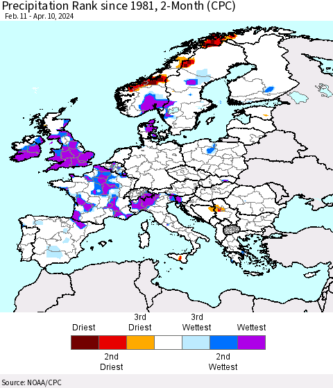 Europe Precipitation Rank since 1981, 2-Month (CPC) Thematic Map For 2/11/2024 - 4/10/2024