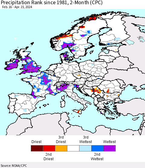 Europe Precipitation Rank since 1981, 2-Month (CPC) Thematic Map For 2/16/2024 - 4/15/2024