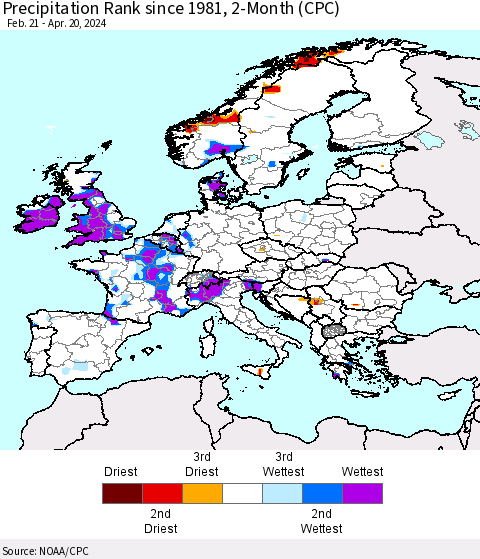 Europe Precipitation Rank since 1981, 2-Month (CPC) Thematic Map For 2/21/2024 - 4/20/2024