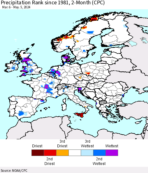 Europe Precipitation Rank since 1981, 2-Month (CPC) Thematic Map For 3/6/2024 - 5/5/2024
