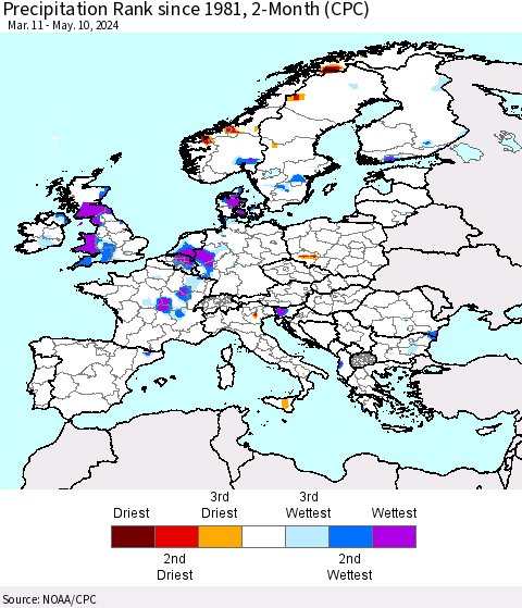 Europe Precipitation Rank since 1981, 2-Month (CPC) Thematic Map For 3/11/2024 - 5/10/2024