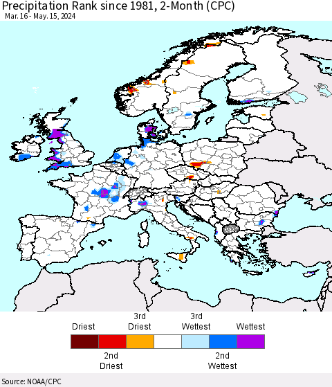 Europe Precipitation Rank since 1981, 2-Month (CPC) Thematic Map For 3/16/2024 - 5/15/2024