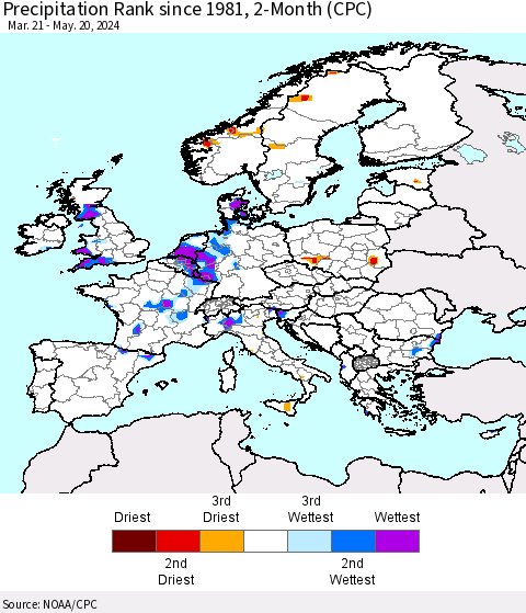 Europe Precipitation Rank since 1981, 2-Month (CPC) Thematic Map For 3/21/2024 - 5/20/2024